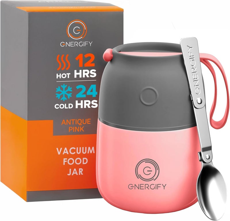 ENERGIFY Vacuum Insulated Food Jar. Large 12oz Bowl incl. Folding Spoon, Cup. Wide Mouth Keep Hot & Cold Drinks Soup thermo Lunch Container for Adults. BPA-Free Stainless Steel, Leak Proof Antique Pink - Image 1